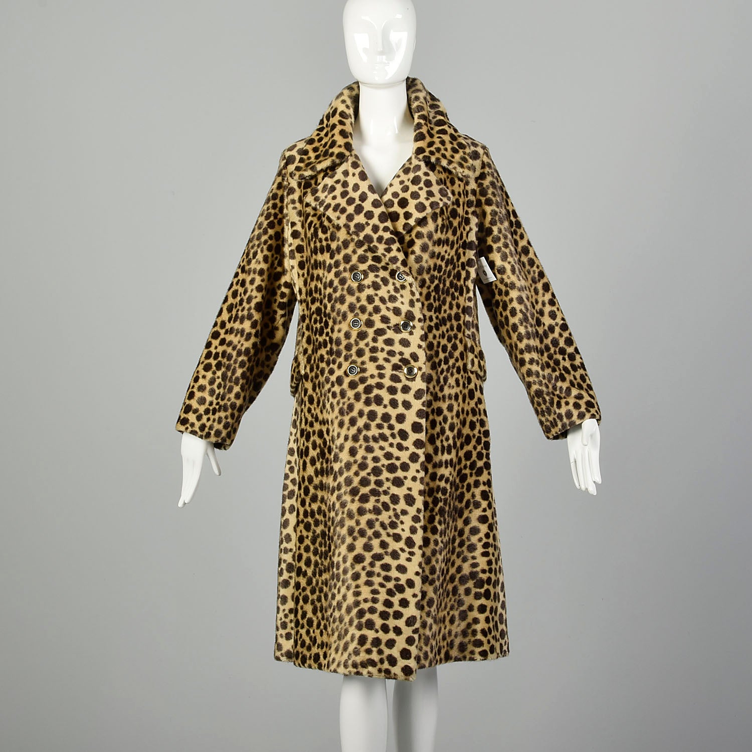 Medium 1960s Vegan Leopard Fur Winter Coat Mod Double Breasted Faux Fur