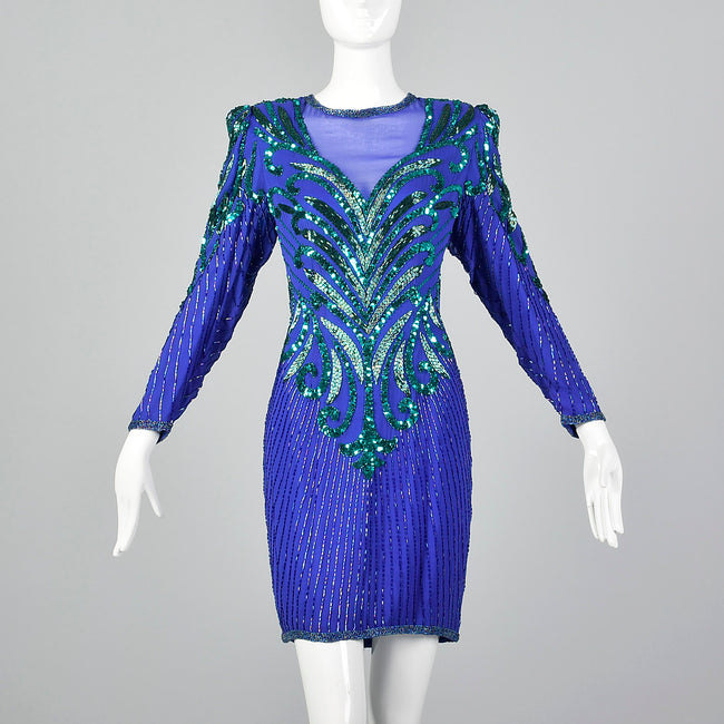 1990s Blue Beaded Cocktail Dress