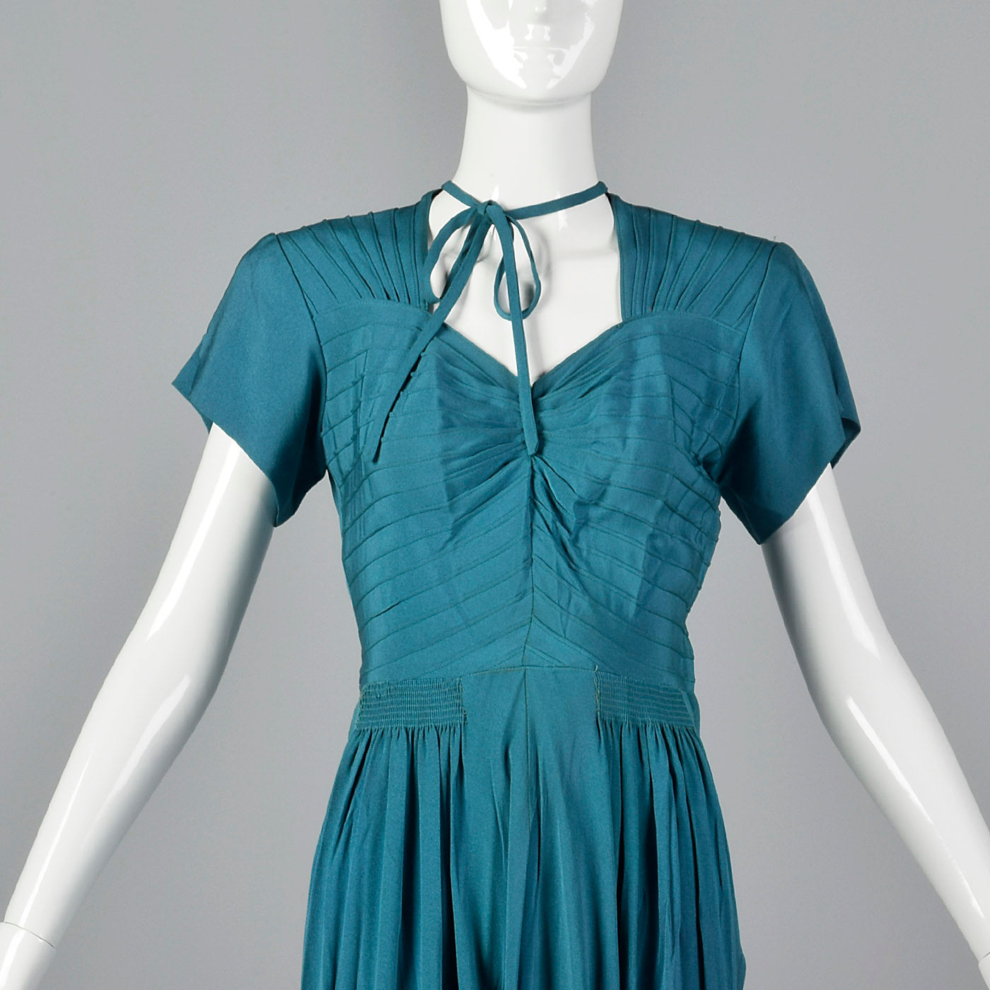 1940s Teal Rayon Dress with Neck Tie