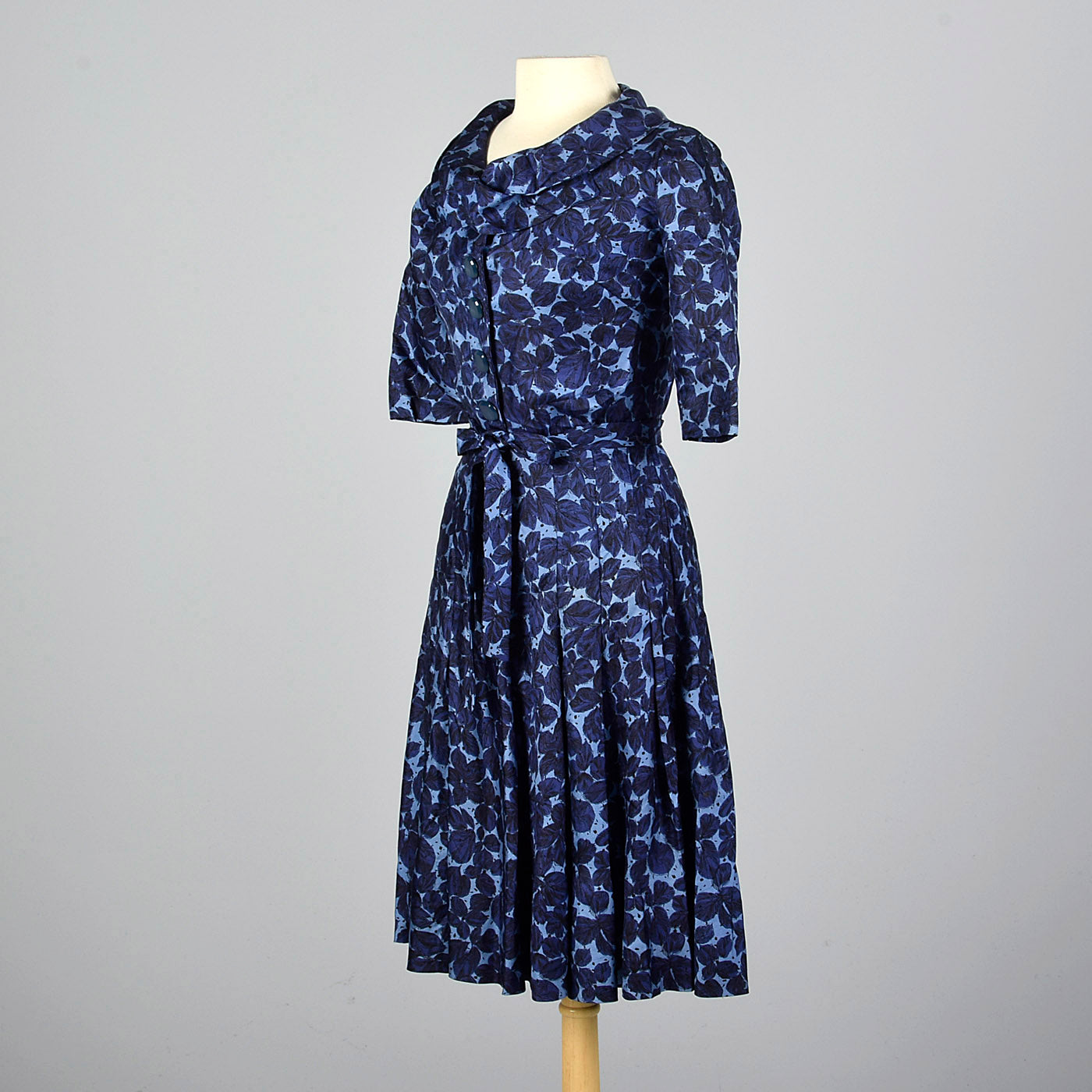 1950s Blue Floral Print Silk Dress