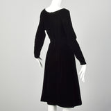 Small 1950s Black Velvet Cocktail Dress Winter Holiday Long Sleeve Timeless LBD