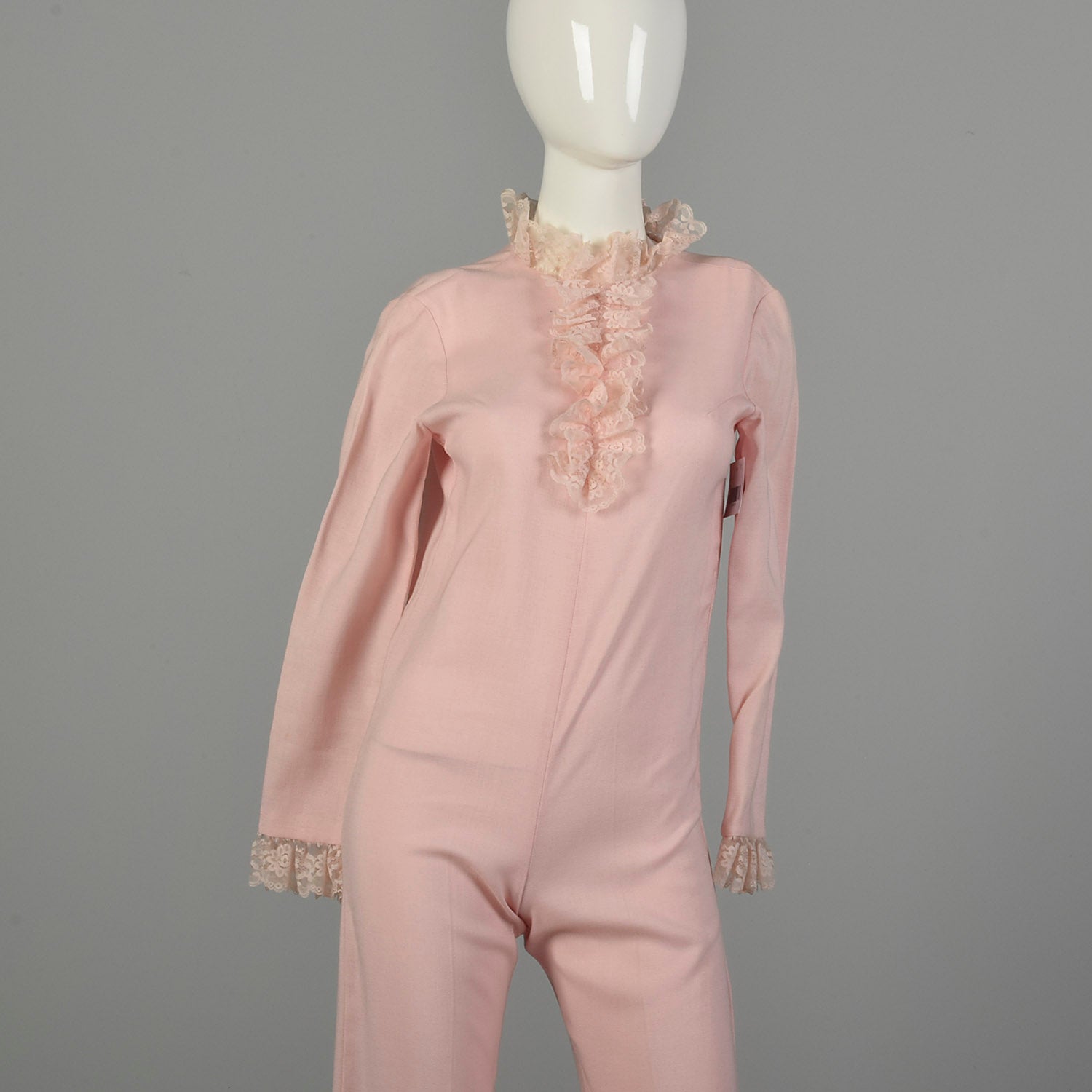 XXS 1970s Jumpsuit Two-Piece Pink Lace Vest Longsleeve