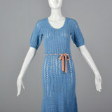 1930s Blue Crochet Dress with Ribbon Belt