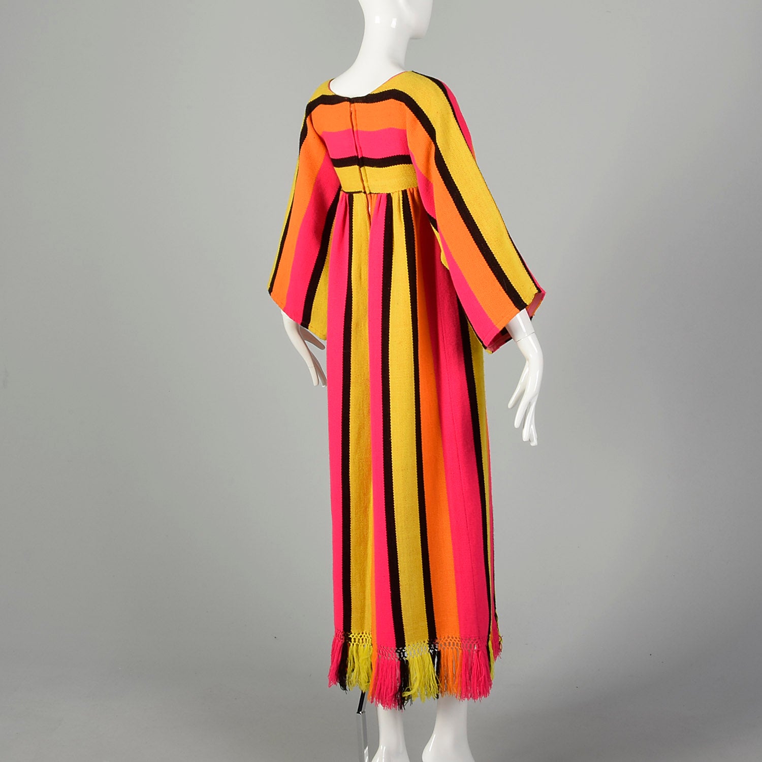 XXS 1970s Dress Long Sleeve Maxi Fringe Hem Hot Pink Bold Stripes