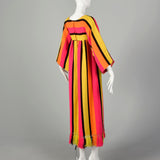 XXS 1970s Dress Long Sleeve Maxi Fringe Hem Hot Pink Bold Stripes