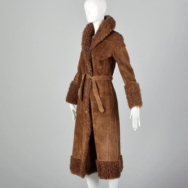 XXS 1970s Brown Suede Leather Shearling Lined Coat