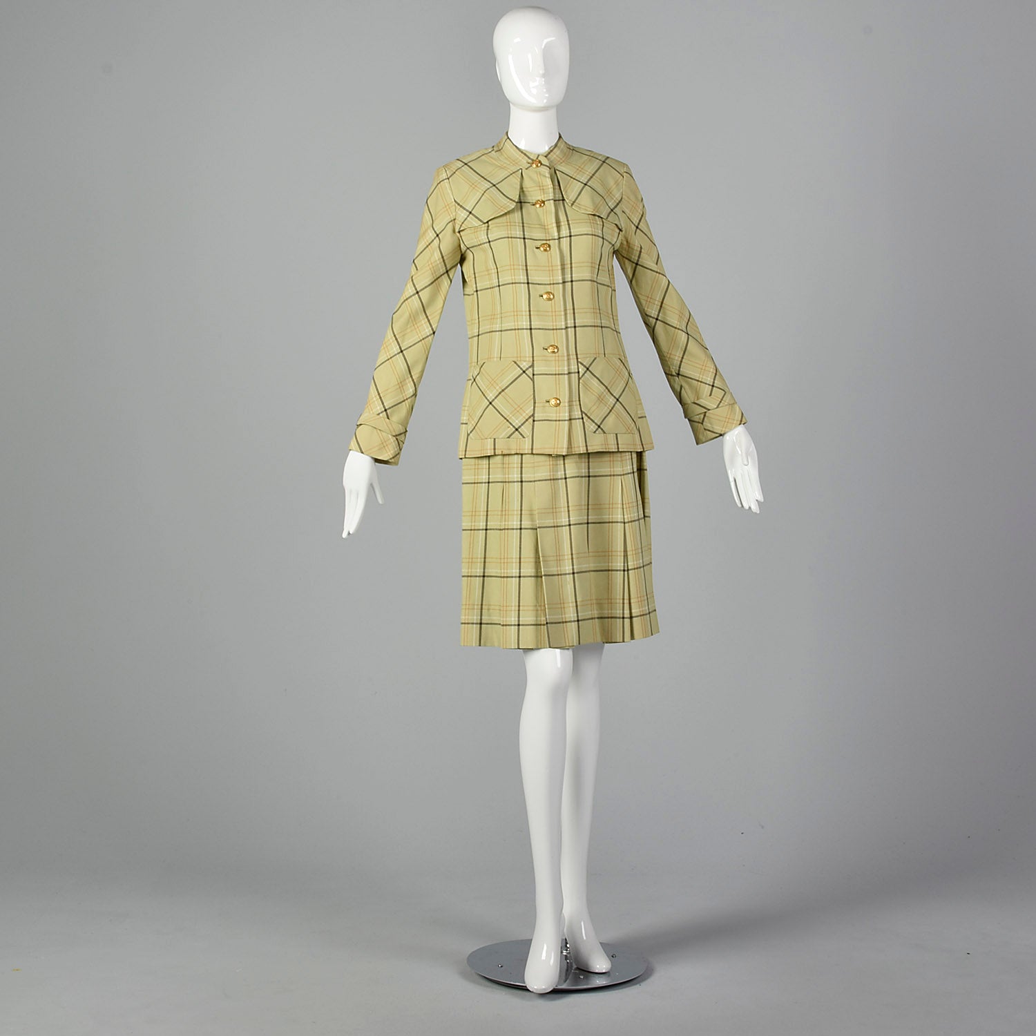 Small 1960s Joan Leslie by Kasper Light Green Plaid Skirt Set