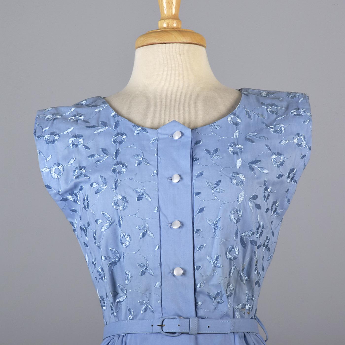 1950s Blue Day Dress with Floral Embroidery