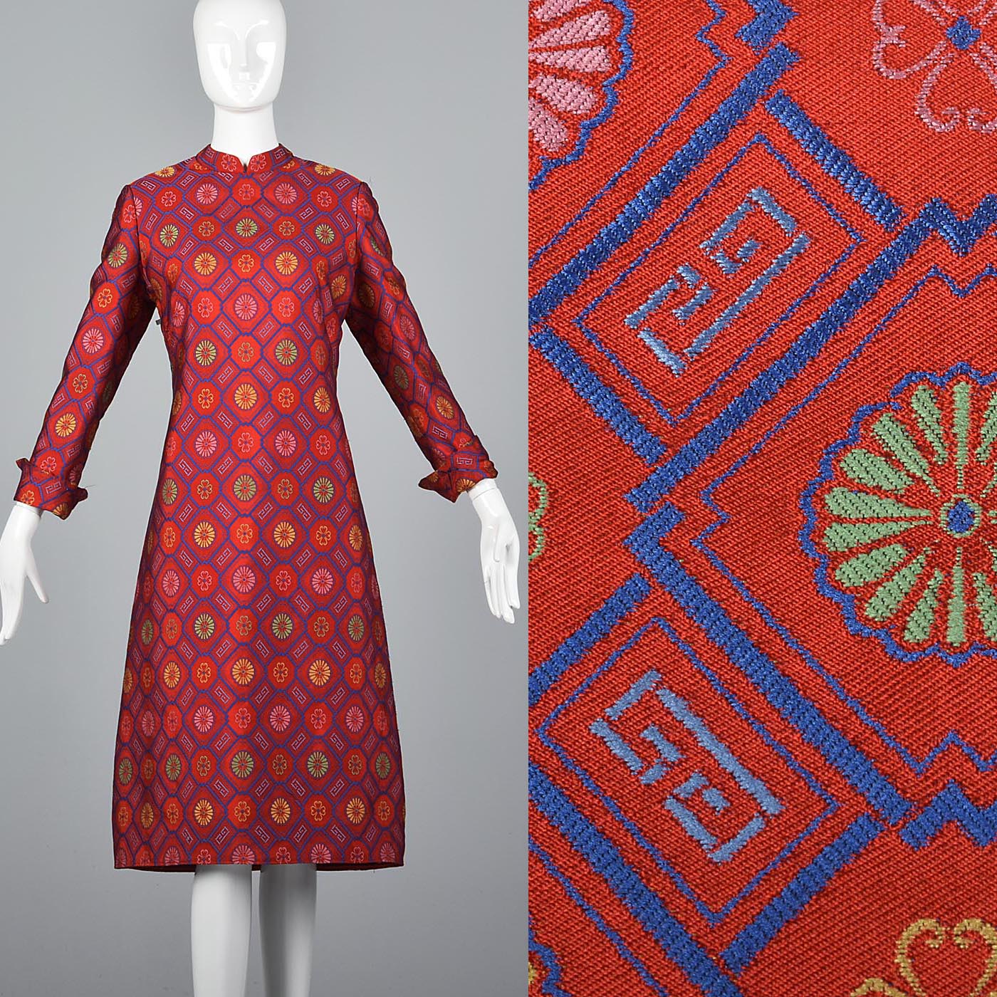 1970s Adele Simpson Red Silk Brocade Dress