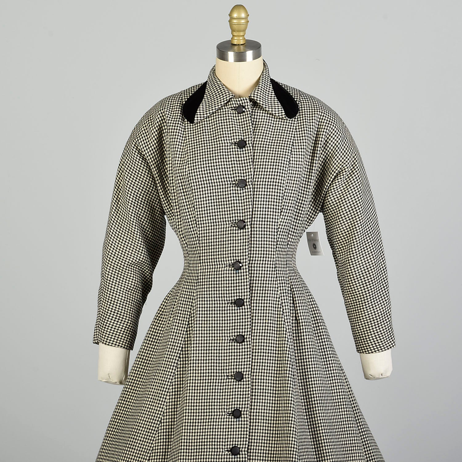 Winter Coat Dress Small 1950s Wool Black White Fit Flare