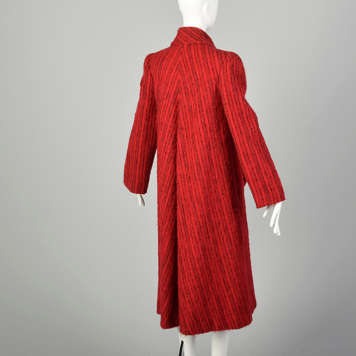 Medium 1980s Pauline Trigere Coat Red Mohair Black Stripes Winter Maxi Scarf Collar