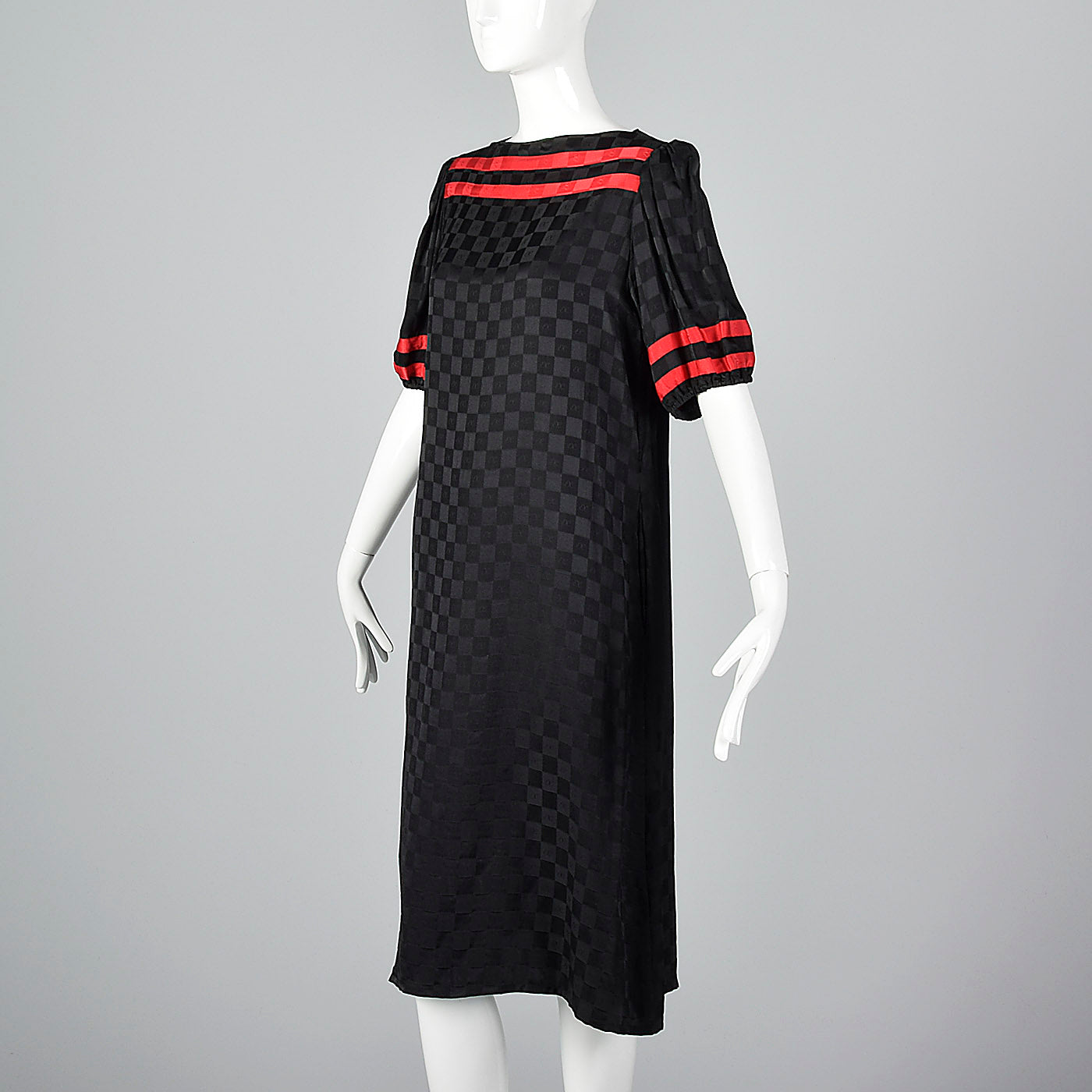 1980s Oleg Cassini Black Silk Dress with Red Trim