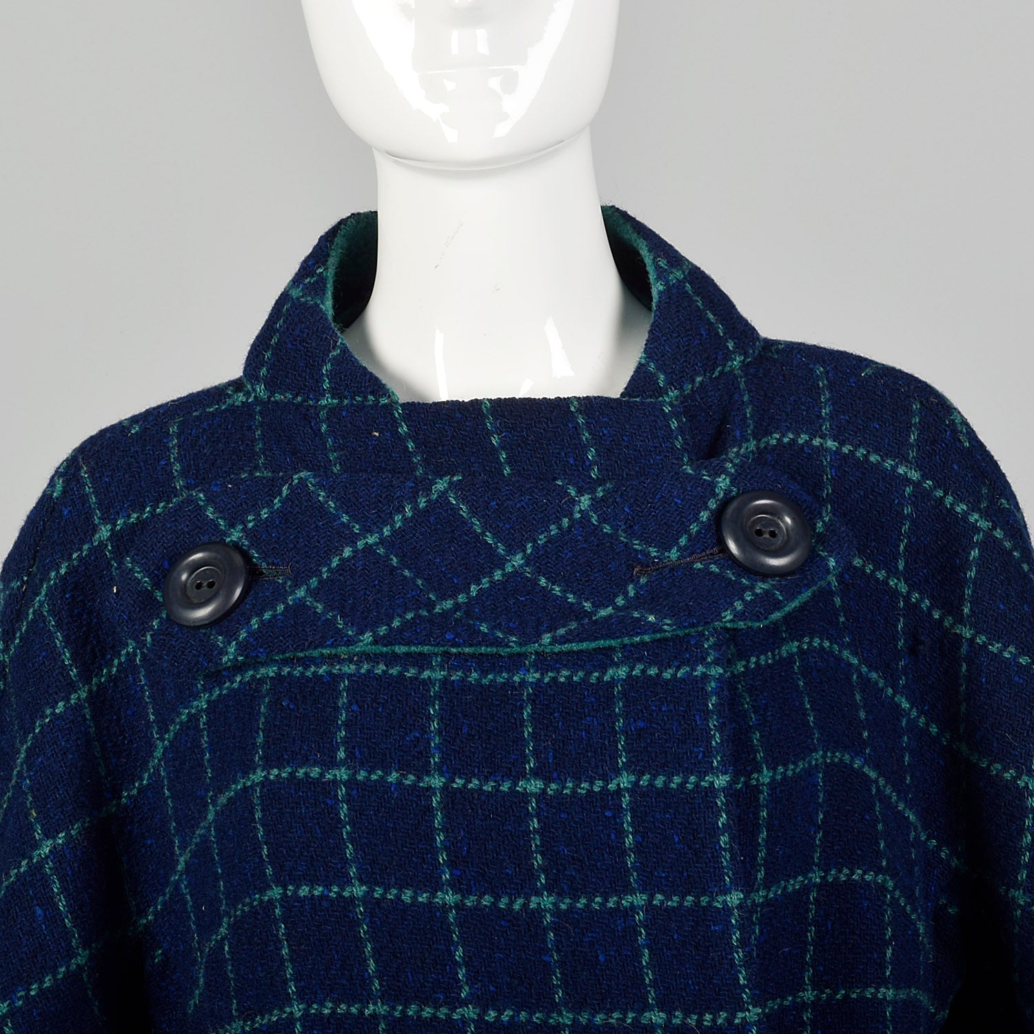 Medium Pauline Trigere 1960s Mod Blue Plaid Wool Blanket Coat