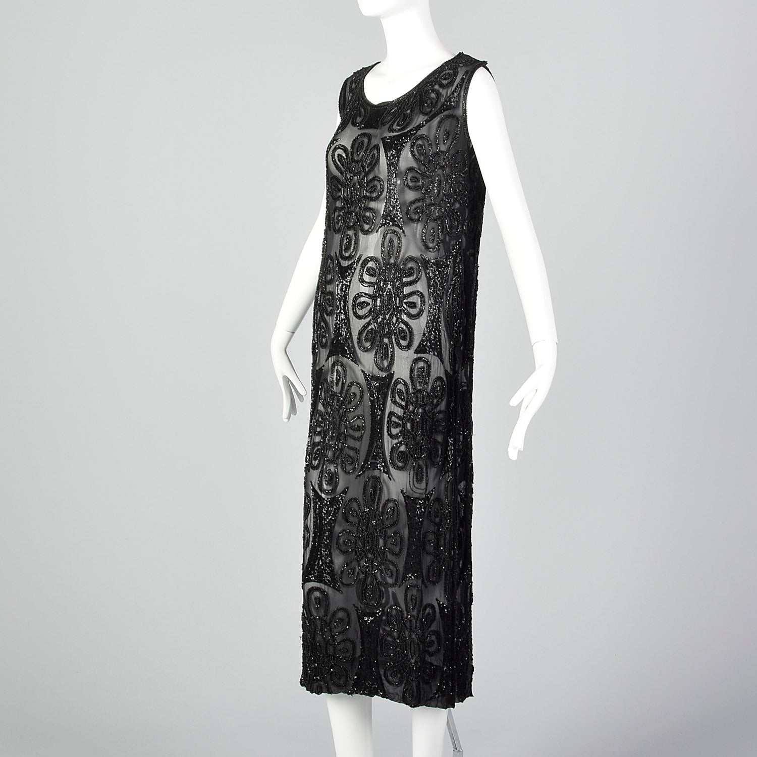 1920s Beaded Black Silk Dress with Celtic Style Knots