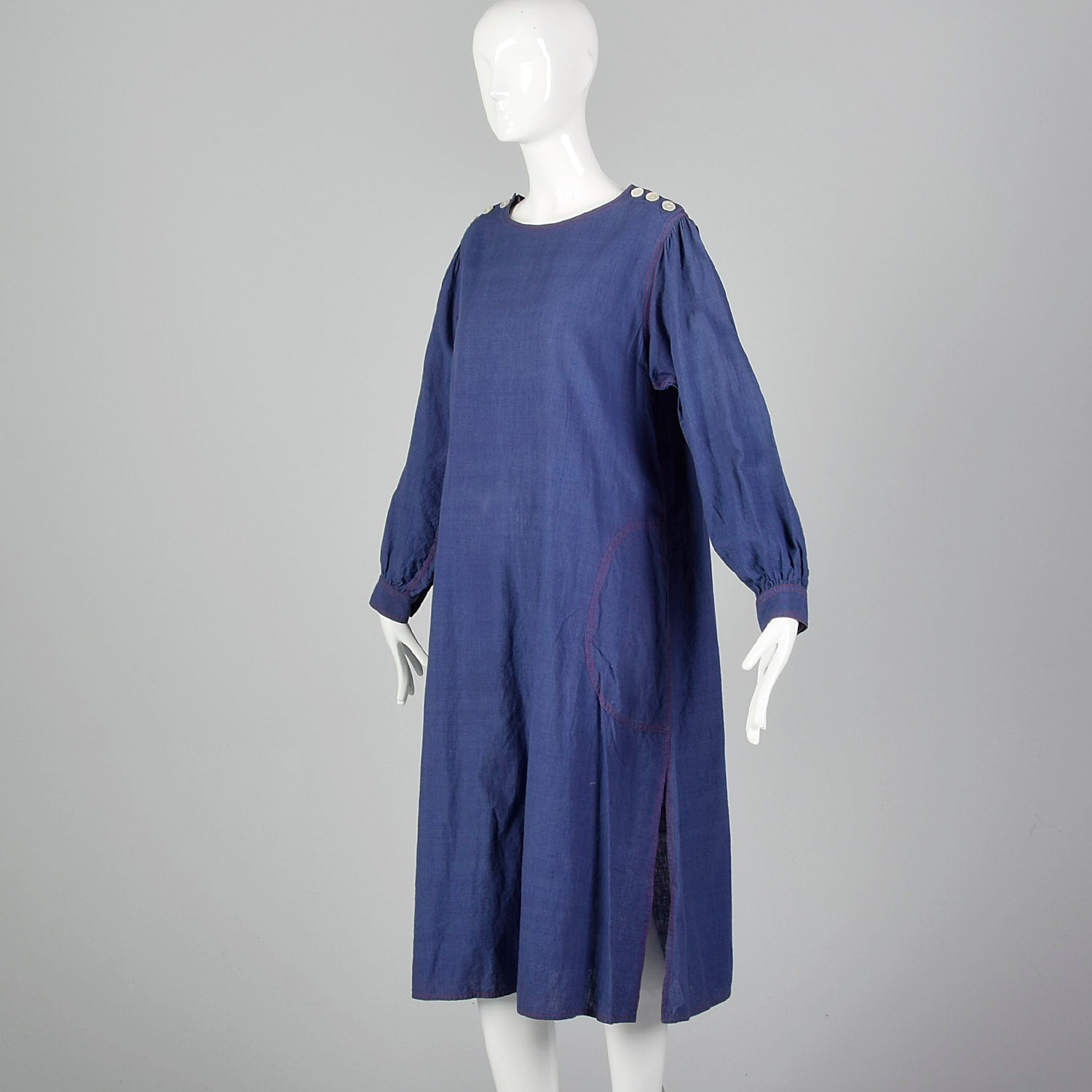 1970s Yves Saint Laurent Rive Gauche Loose Chambray Dress with Red Topstitch