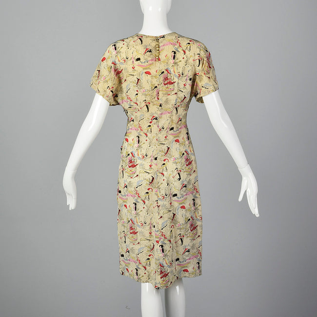 1940s Novelty Print Silk Dress with Neck Tie