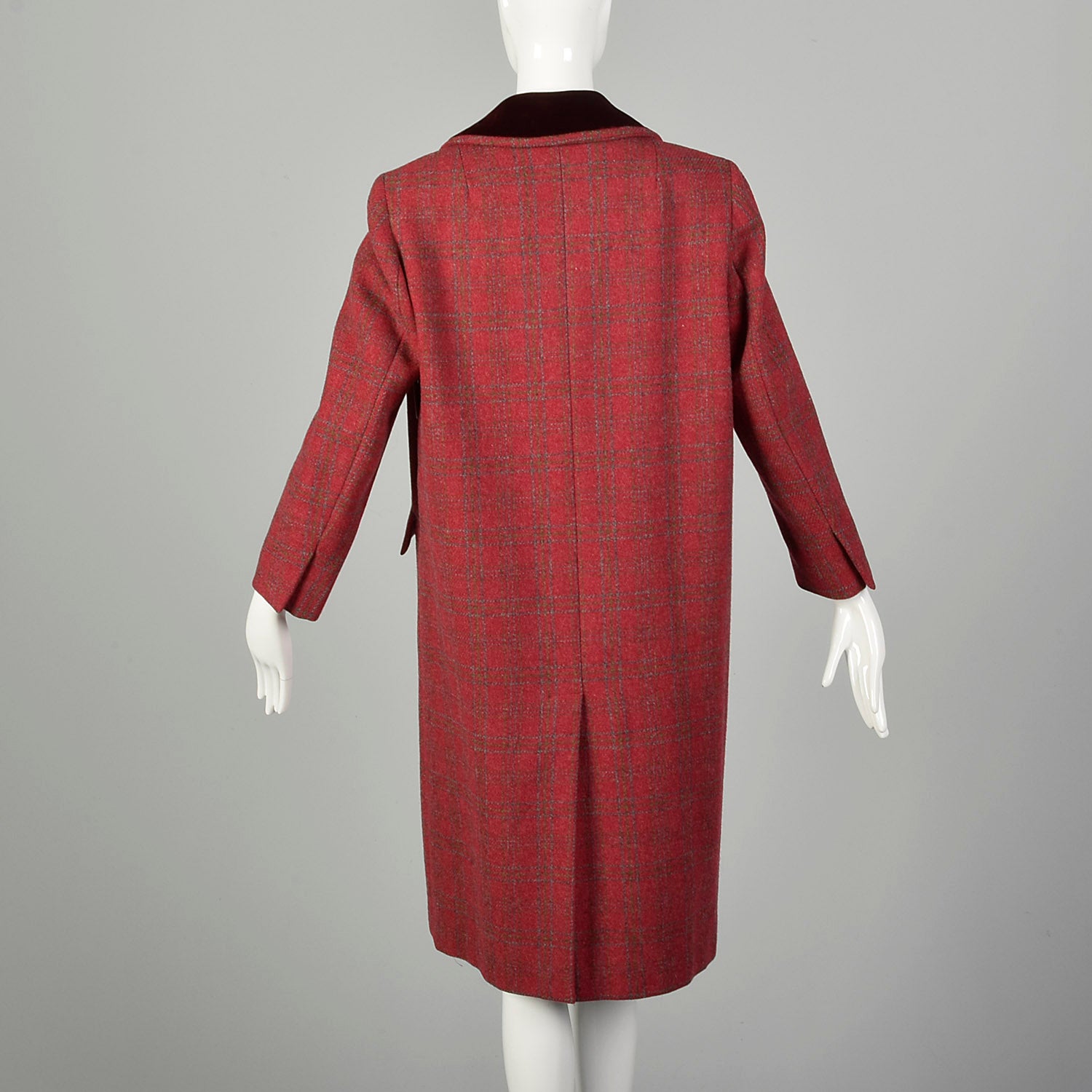 Medium 1960s Coat Red Tweed Wool Plaid Winter Jacket Velvet Collar