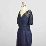 Large 1950s Navy Blue Cocktail Dress Illusion Neckline Lace Taffeta Evening Dress