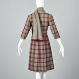 1950s Gray and Burgundy Wool Dress with Matching Scarf