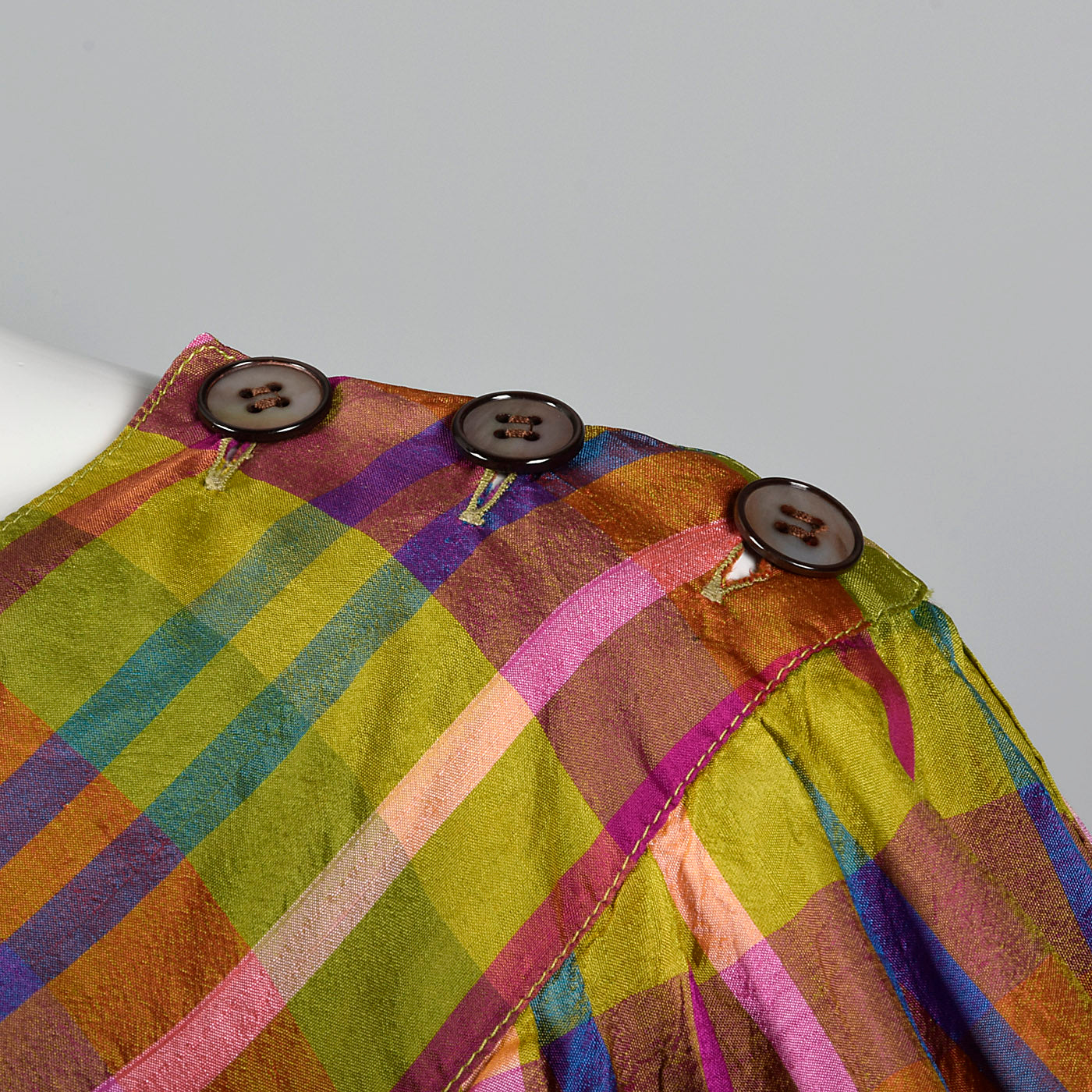 1970s Lanvin Lightweight Silk Dress in Rainbow Plaid with Huge Balloon Sleeves