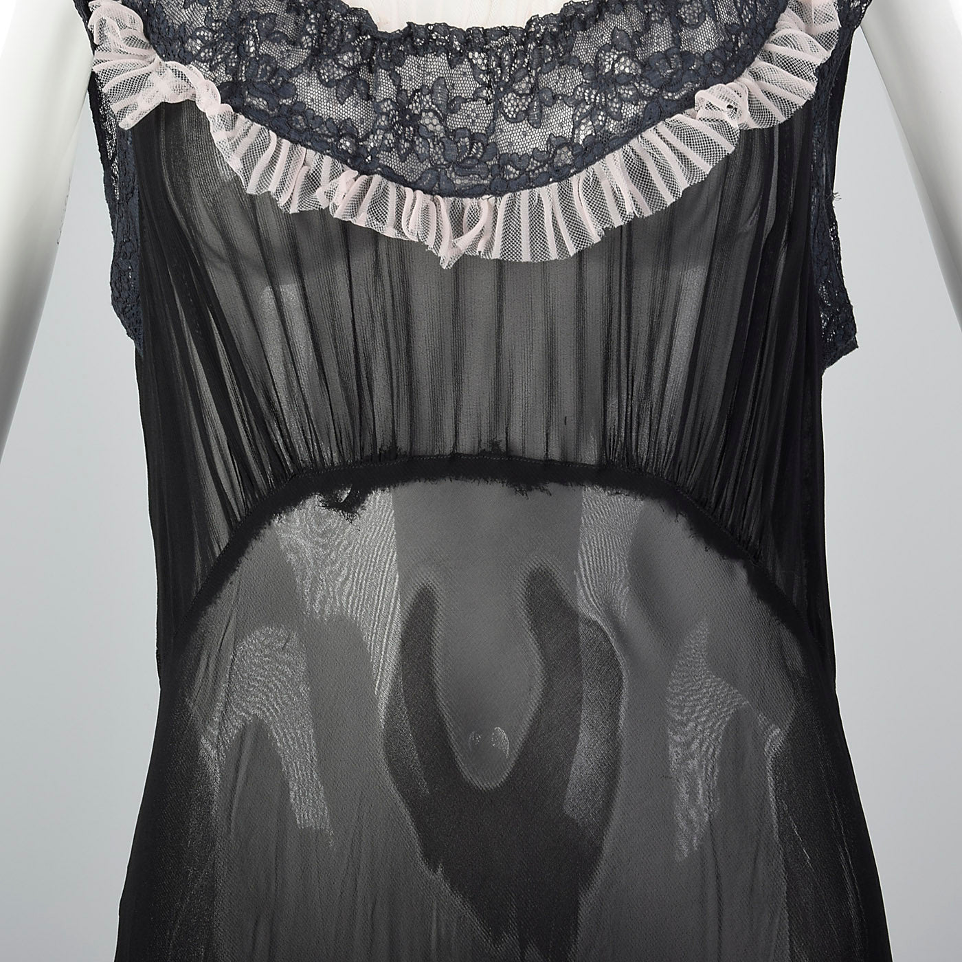 1930s Sheer Black Bias Cut Slip with White Trim