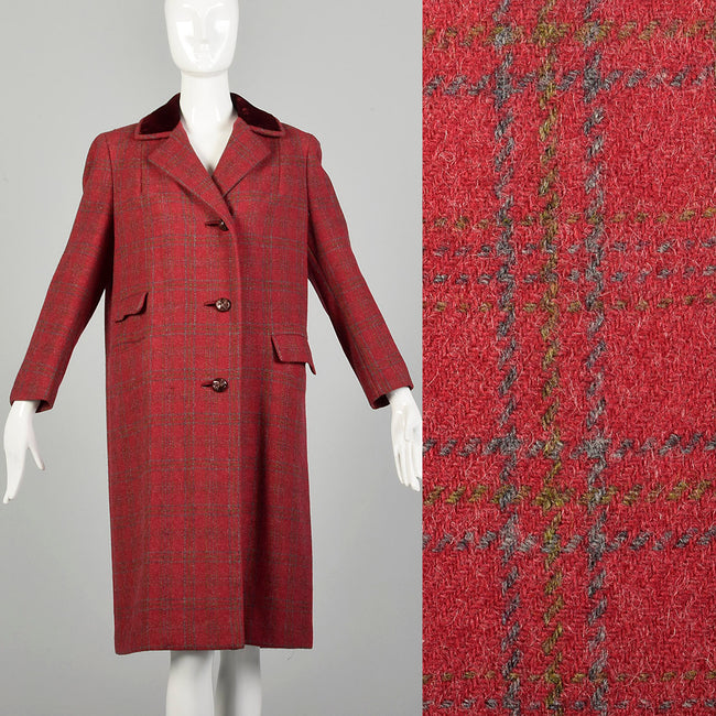 Medium 1960s Coat Red Tweed Wool Plaid Winter Jacket Velvet Collar