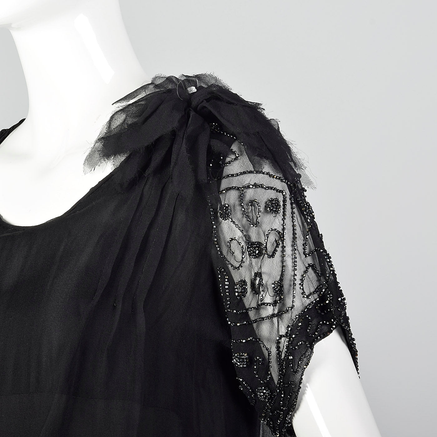 1920s Black Silk Chiffon Dress with Steel Beads