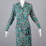 1940s Aqua Blue and Taupe Rayon Dress