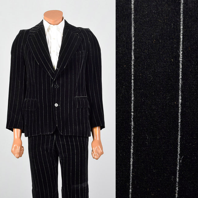 37S 1970s Black Velvet Pinstripe Two Piece Men's Suit