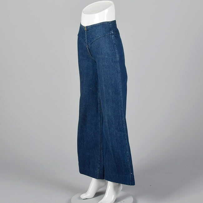 1970s Cotton Denim Zip Front Bell Bottom Jeans