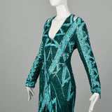 Large 1980s Bob Mackie Gown Bugle Beads Sequins Caged Back Hi Low Beaded Fringe Hem