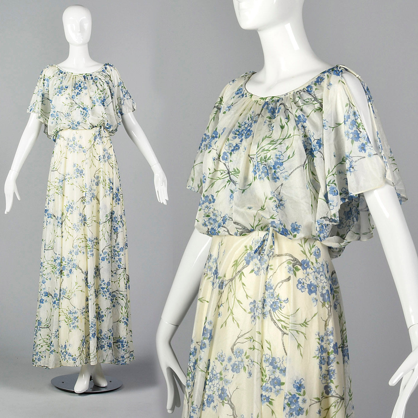 1970s Blue Floral Maxi Dress with Cold Shoulders