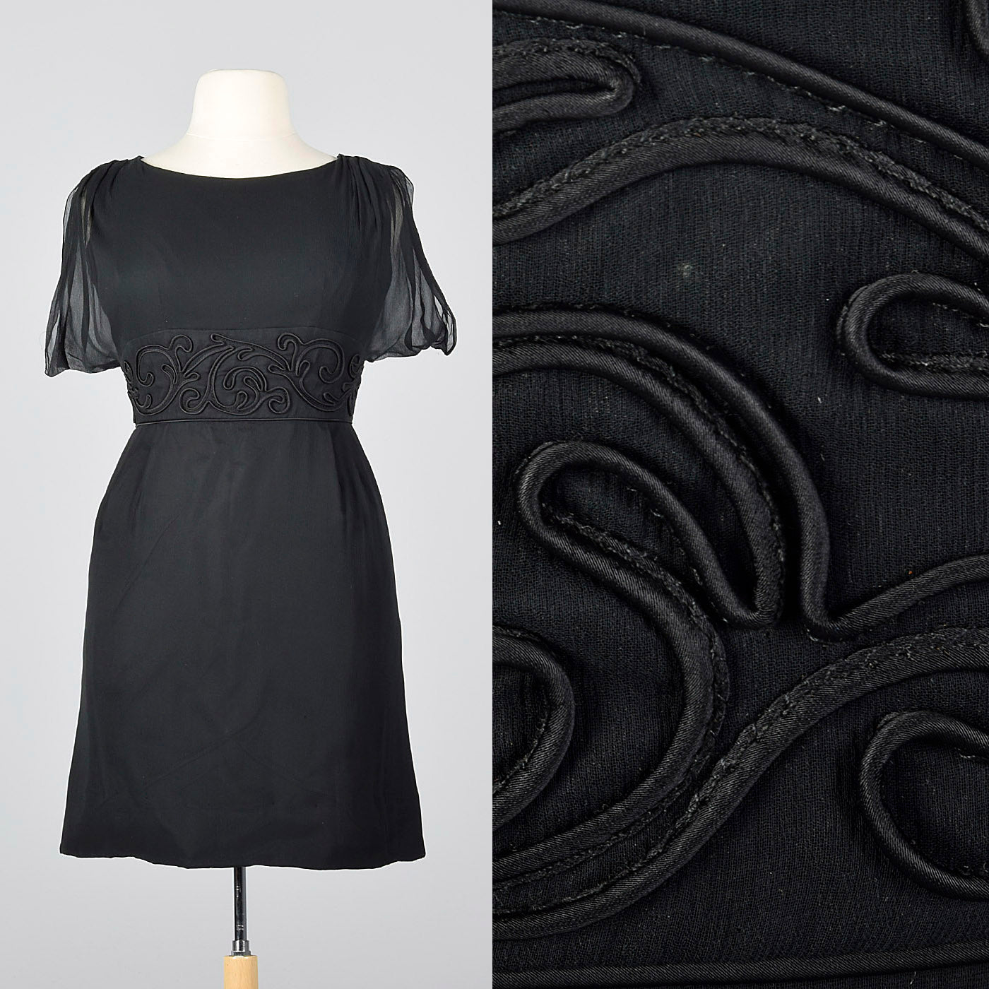 1950s Black Silk Dress with Soutache Trim Waist