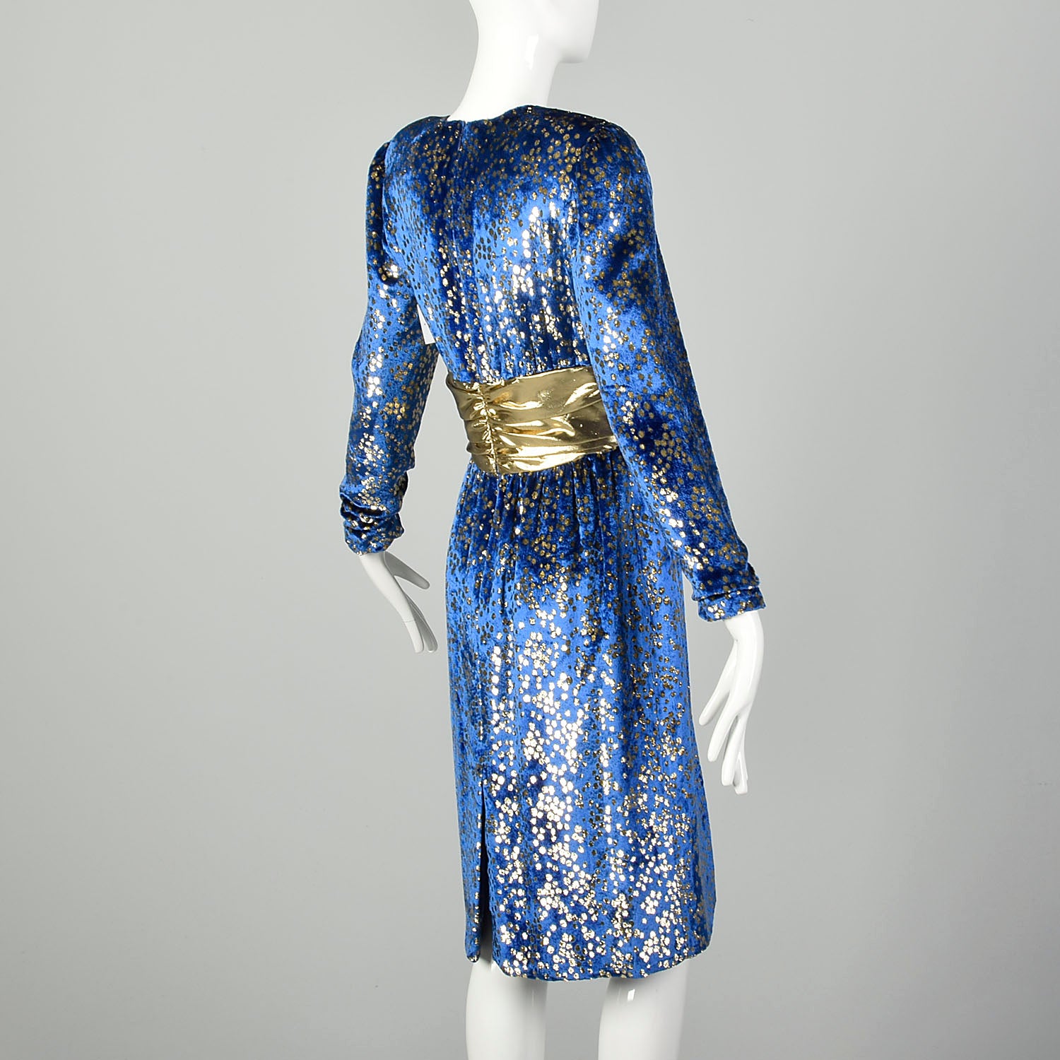 Medium 1980s Blue Velvet Cocktail Dress Long Sleeve Gold Eyelash Lame
