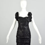 Small 2000s Nicole Miller Collection Shiny Black Lamé Cocktail Party Ruffle Evening LBD Dress