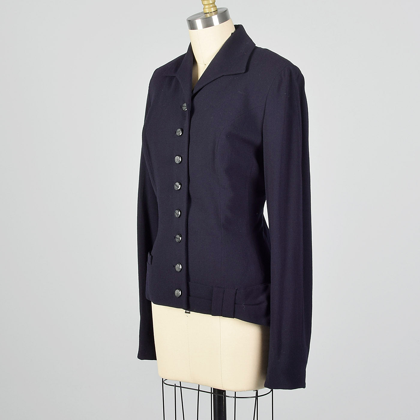 1950s Navy Blue Wool Jacket with Asymmetric Bow at Hem