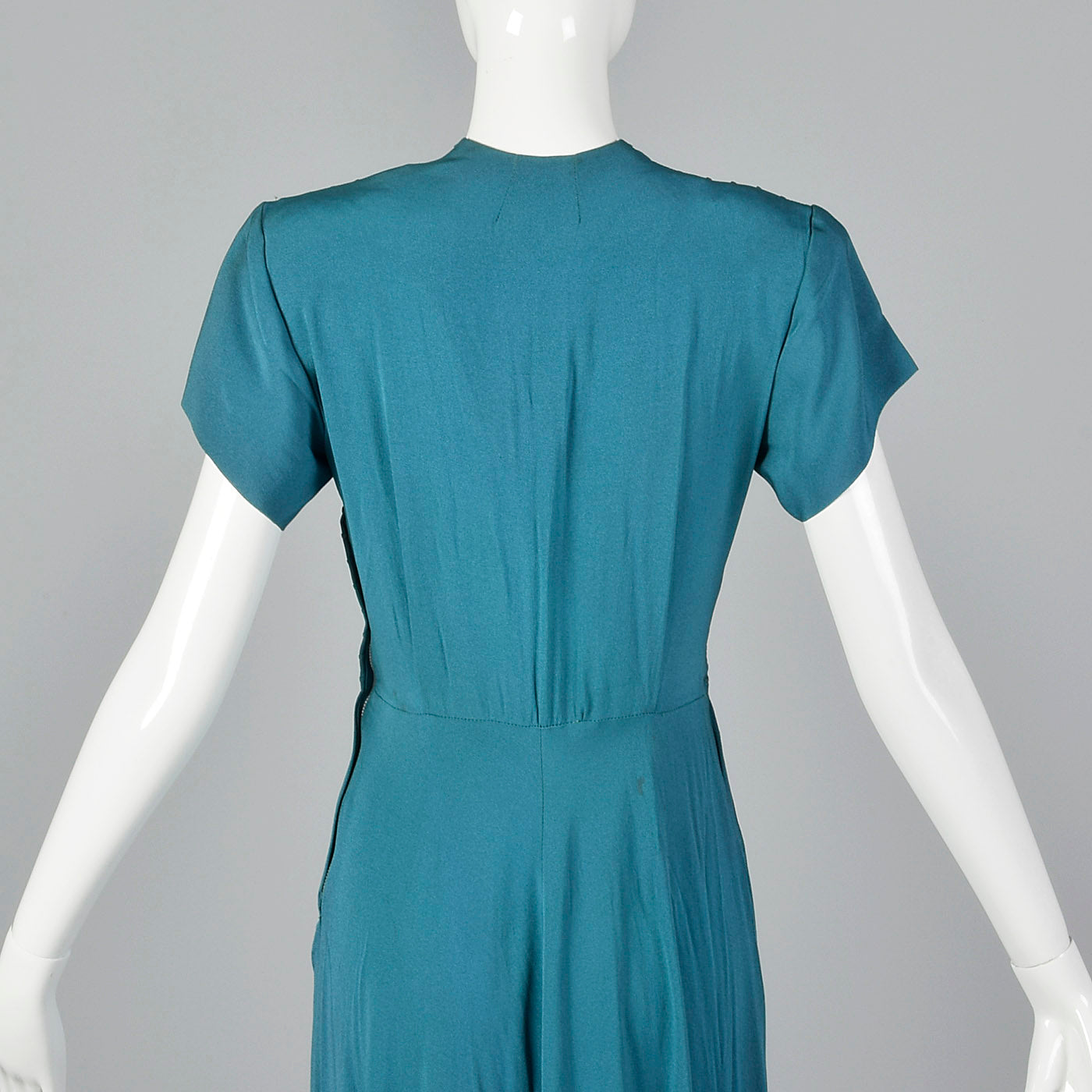 1940s Teal Rayon Dress with Neck Tie