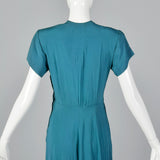 1940s Teal Rayon Dress with Neck Tie