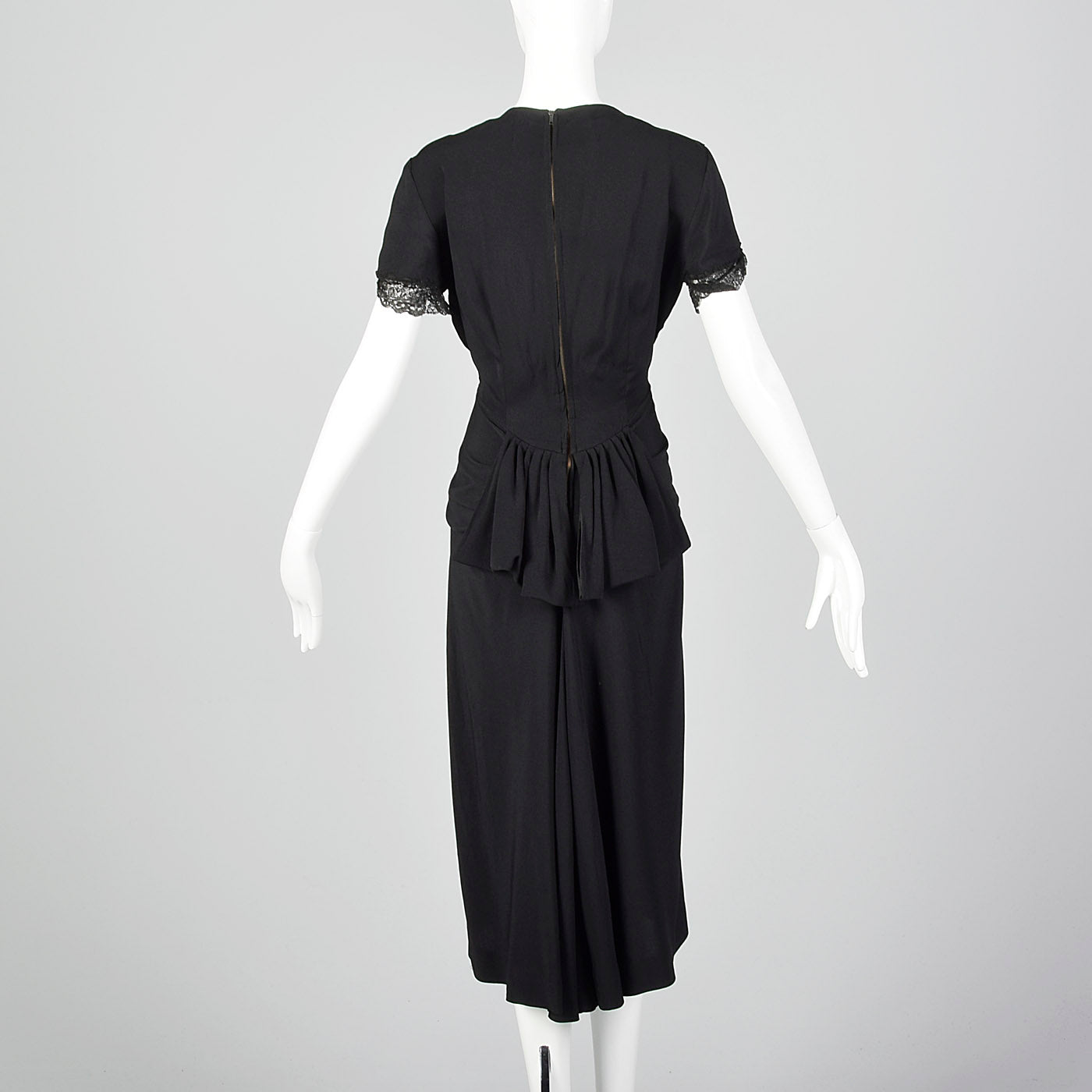 1940s Black Peplum Dress with Lace Collar and Cuffs