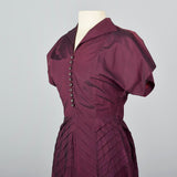 1950s Plum Sharkskin Dress with Chevron Pleats