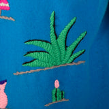 XXS 1950s Jacket Teal Blue Mexican Souvenir Tourist Wool Embroidery Horse Shoe Sombrero Village Scene