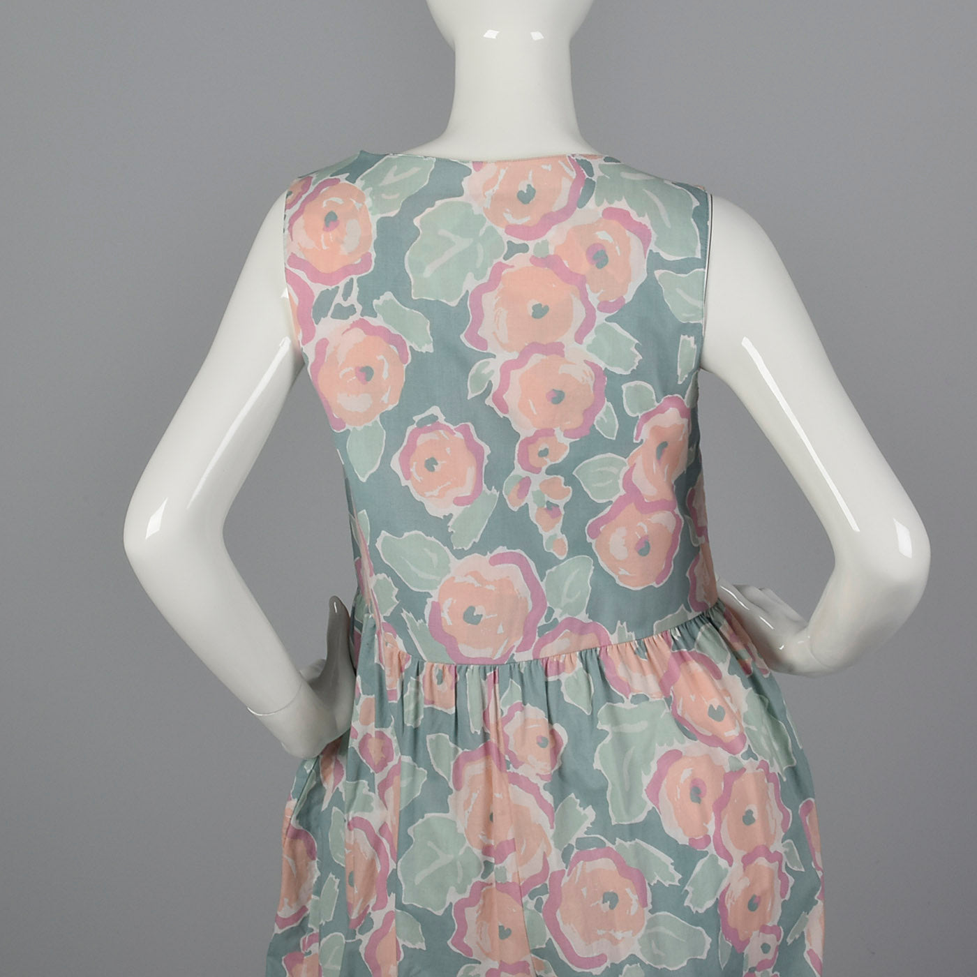 1980s Sage Green Jumpsuit with Pastel Floral Print