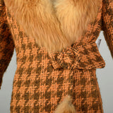 Large 1970s Coat Orange Brown Chunky Boucle Tweed Wool Real Fox Fur Winter