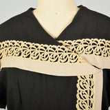 Large 1950s Wrap Dress Asymmetric Cape Collar Black Cream Applique