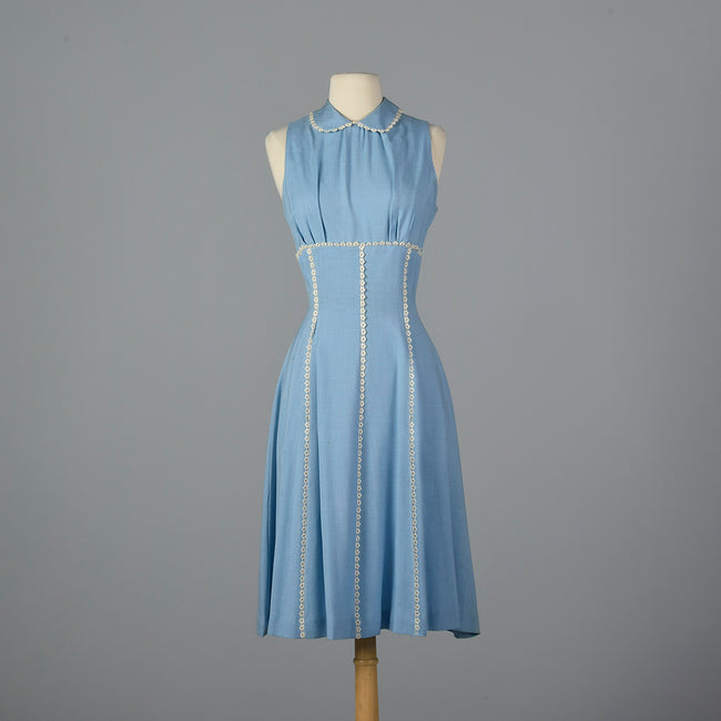 1950s Blue Dress with Floral Lace Trim
