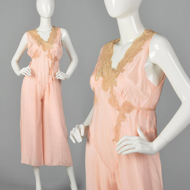 1920s Pink Silk Jumpsuit Pajamas