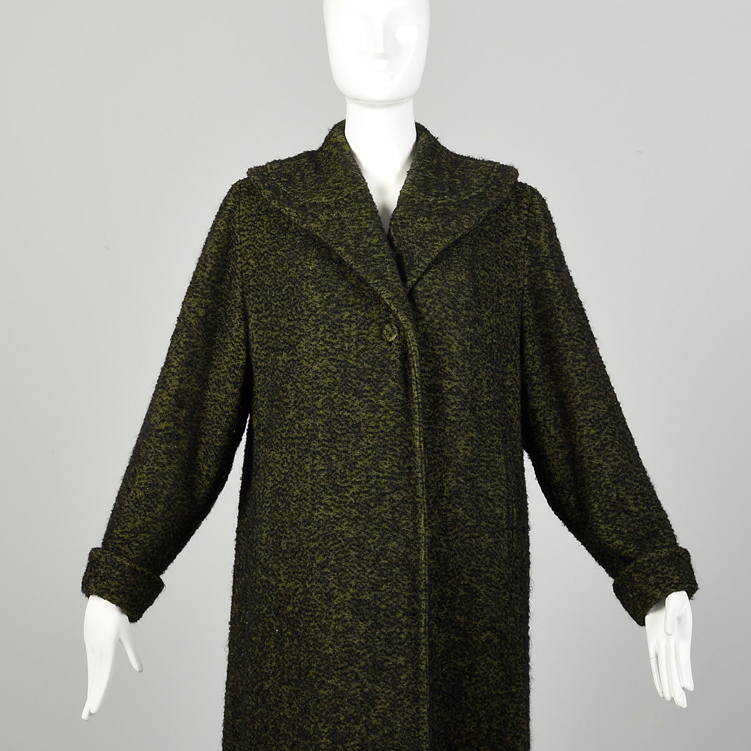 Large 1950s Swing Coat Green Boucle Wool Tweed Shawl Collar Vintage Winter Outerwear