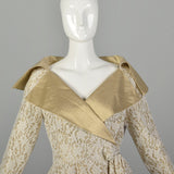 Small 1990s Pilar Rossi Lace Dress Metallic Gold Lamé Portrait Collar
