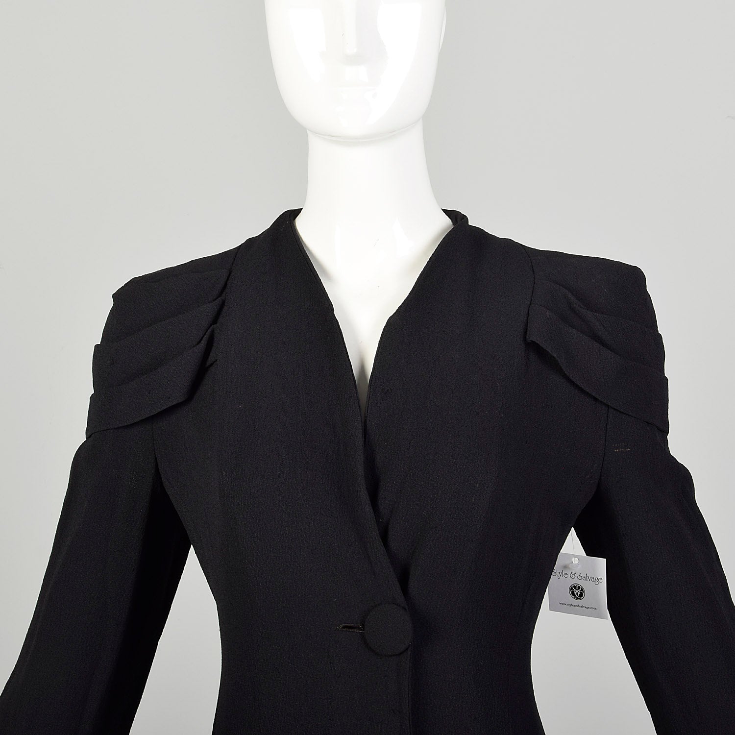 XS 1930s Coat Black Rayon Crepe Long Sleeve Art Deco Pleated Epaulettes