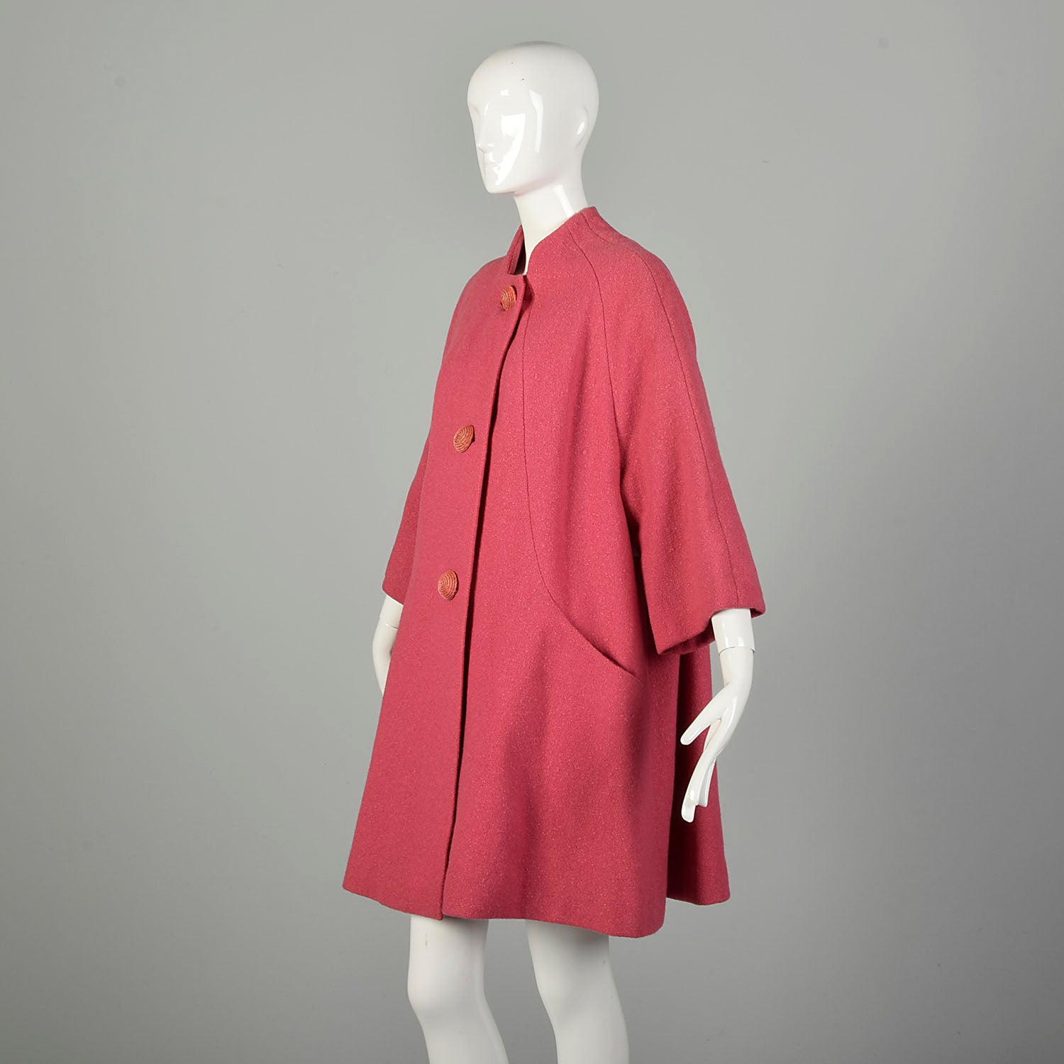 OSFM 1960s Swing Coat Loose Pink Wool Bracelet Sleeve Winter